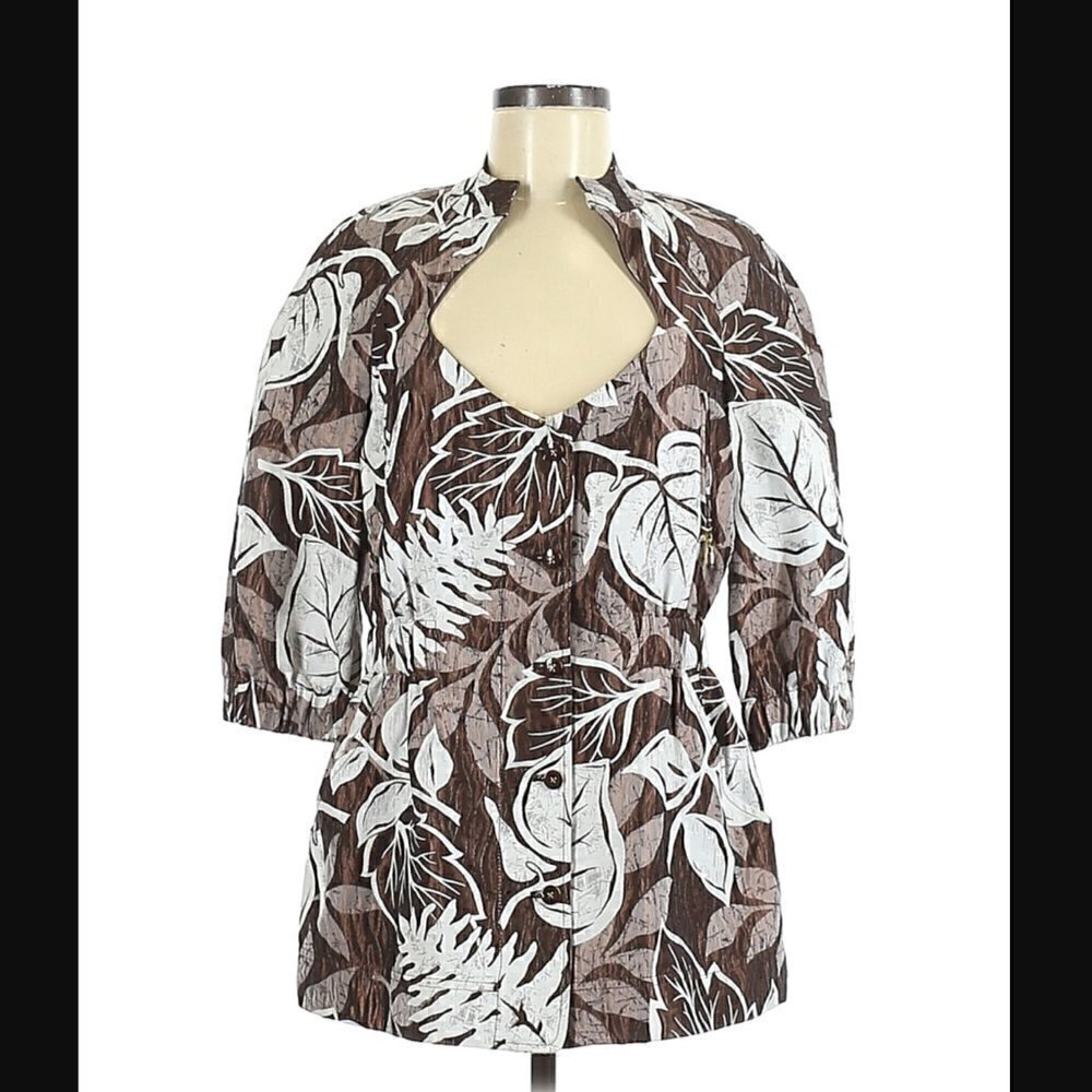 St. John Jacket 6 Yellow Label Leaf Print Lightweight Spring Cinched Luxury